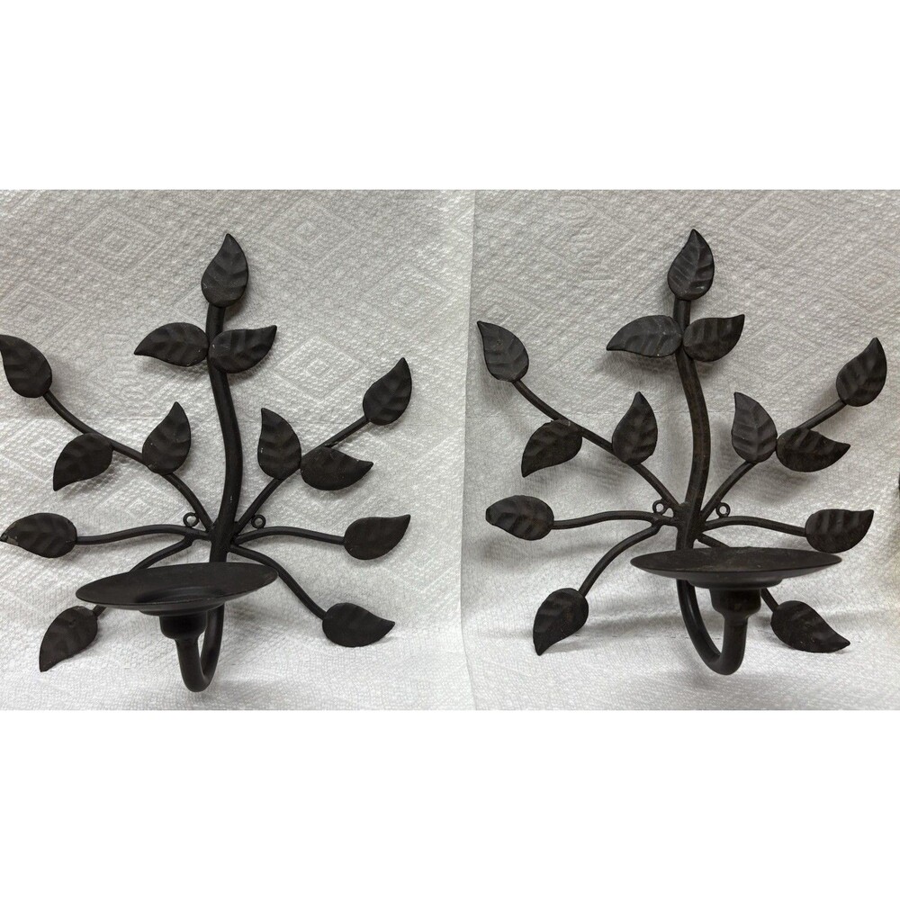 Set of 2 Black Metal Leaf Wall Candle holders